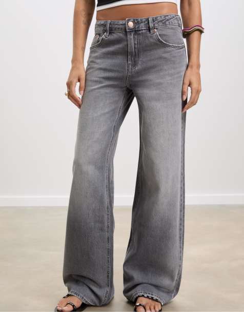 Stradivarius – D91 – Grå, tvättade jeans med låg midja och vida ben - view 1