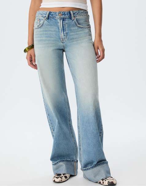 Stradivarius - D91 - Jeans a vita bassa blu medio chiaro a fondo ampio - view 1