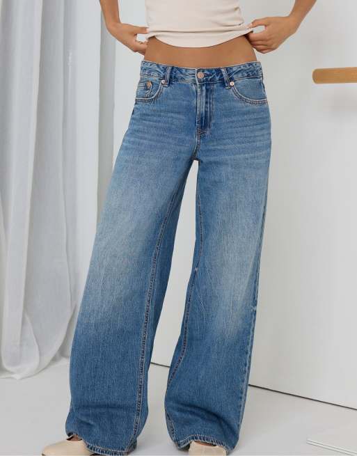 Stradivarius - D91 - Jeans a vita bassa lavaggio medio a fondo ampio, 2 di 7