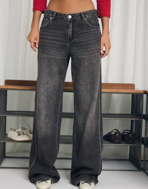Stradivarius - D91 - Jeans a vita bassa lavaggio nero a fondo ampio, 2 di 7