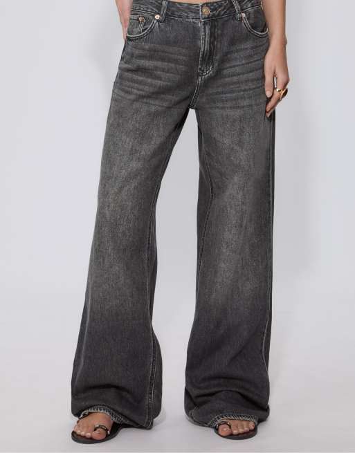 Stradivarius - D91 - Jeans a vita bassa lavaggio nero a fondo ampio, 2 di 4
