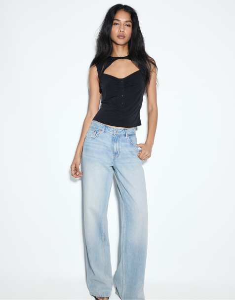 Stradivarius D91 jeans med låg midja och vida ben i mellanljus ljusblå denim - view 1