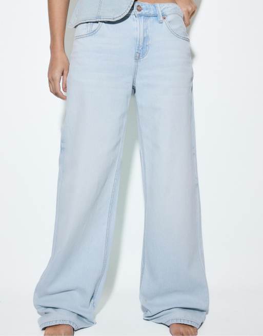 Stradivarius - D91 - Jeans met wijde pijpen en lage taille in blauwe denim, 2 van 7
