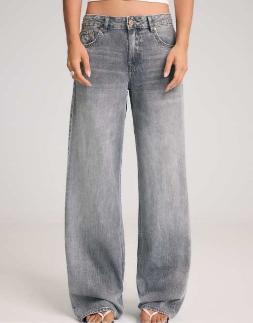 Stradivarius - D91 - Jeans met wijde pijpen en lage taille in denim grijs met wassing, 2 van 7