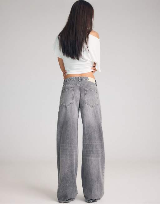 Stradivarius - D91 - Jeans met wijde pijpen en lage taille in denim grijs met wassing, 3 van 7