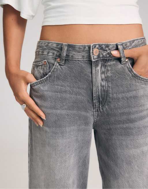Stradivarius - D91 - Jeans met wijde pijpen en lage taille in denim grijs met wassing, 4 van 7