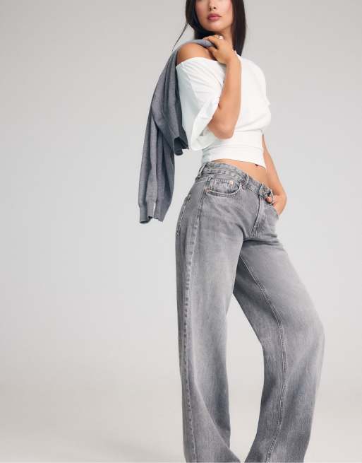Stradivarius - D91 - Jeans met wijde pijpen en lage taille in denim grijs met wassing, 5 van 7