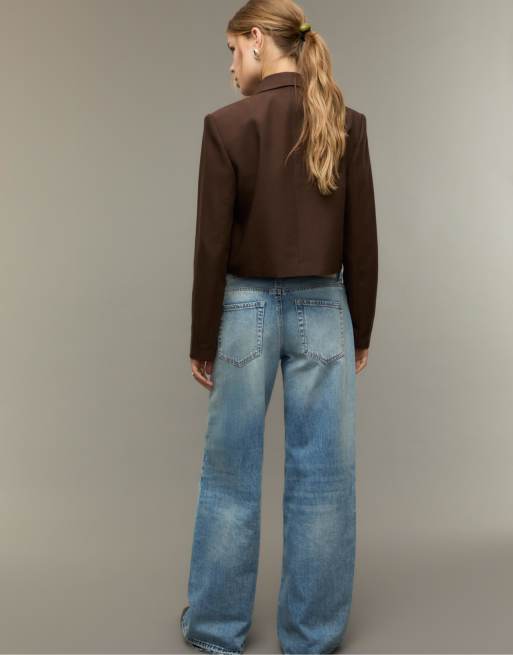 Stradivarius - D91 - Jeans met wijde pijpen en lage taille in medium lichtblauwe denim, 3 van 4