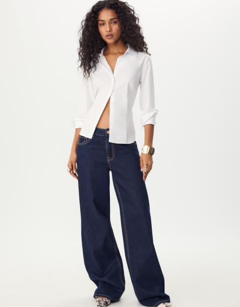 Stradivarius - D91 - Jeans met wijde pijpen en lage taille in overdyed blauw - view 1