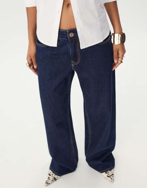 Stradivarius - D91 - Jeans met wijde pijpen en lage taille in overdyed blauw, 2 van 4
