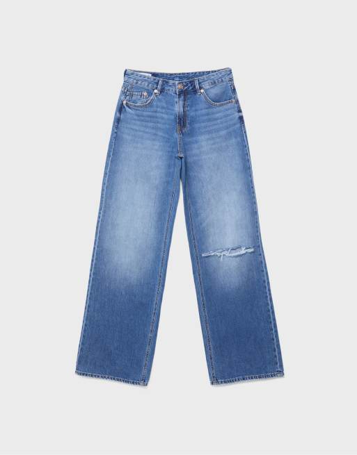 Stradivarius - D91 - Lavtaljede mørkeblå jeans med brede ben, 6 af 7
