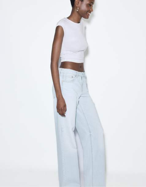 Stradivarius D91 low-rise wide-leg jeans in light grey denim wash