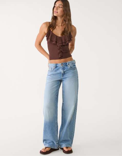 Stradivarius D91 low-rise wide-leg jeans in medium light blue denim - view 1
