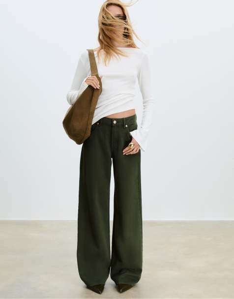 Stradivarius D91 low wide-leg jeans in khaki - view 1