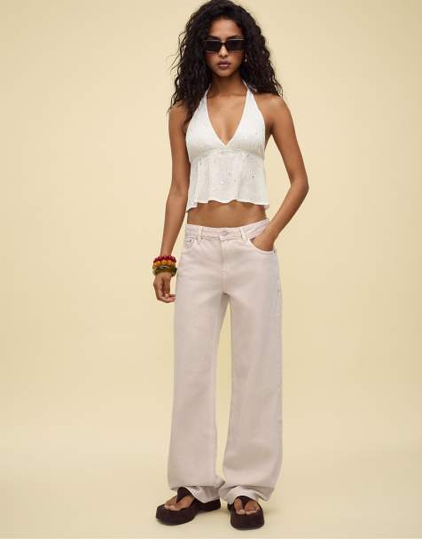Stradivarius D91 low wide-leg twill jeans in stone - view 1