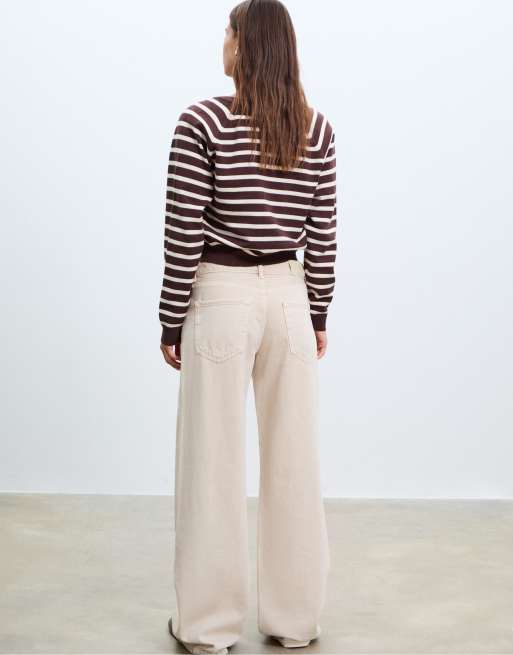 Stradivarius D91 low wide-leg twill jeans in stone, 3 of 4