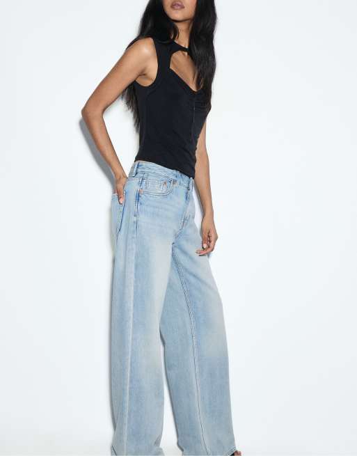 Stradivarius - D91 - Lyseblå jeans med lav talje og brede ben, 5 af 5