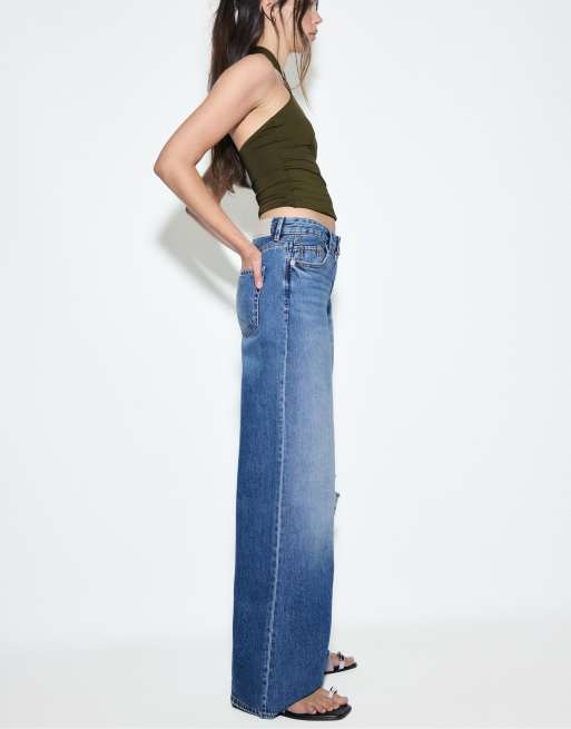 Stradivarius – D91 – Mörkblå jeans med vida ben och låg midja, 5 av 7