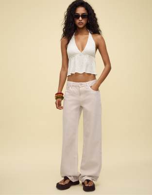 Stradivarius - D91 - Weite Jeans aus Twill in Steinbeige mit niedrigem Bund-Weiß