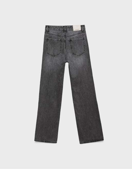Stradivarius D92 jean droit à jambes larges en denim gris foncé délavé, 7 de 7