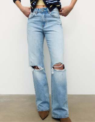 Stradivarius - D92 - Jean droit ample - Bleu denim moyen