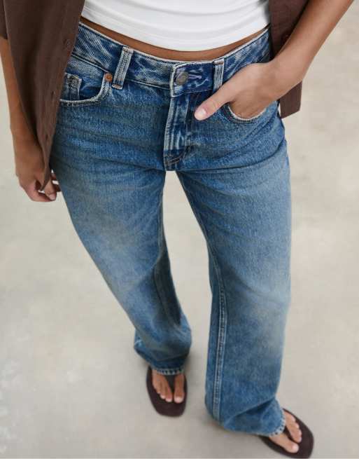 Stradivarius - D92 - Jean droit ample - Bleu foncé/brut délavé, 2 de 5