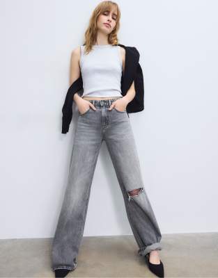 Stradivarius - D92 - Jean droit ample - Gris délavé