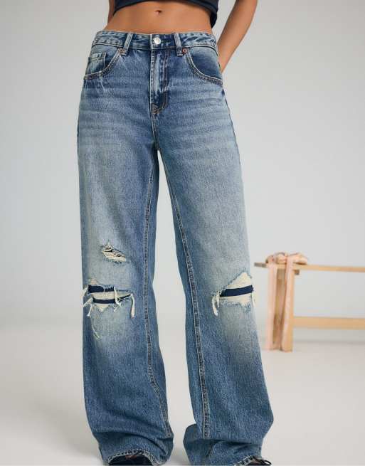 Stradivarius - D92 - Jeans dritti a fondo ampio blu sovratinto, 2 di 7