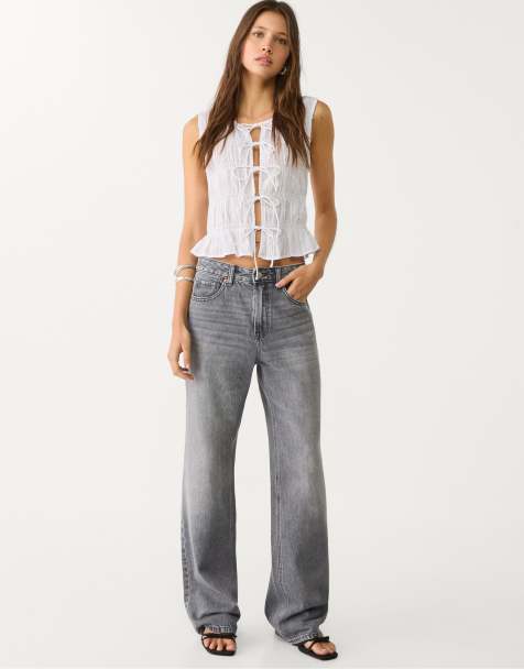 Stradivarius - D92 - Jeans dritti a fondo ampio in denim lavaggio grigio scuro - view 1