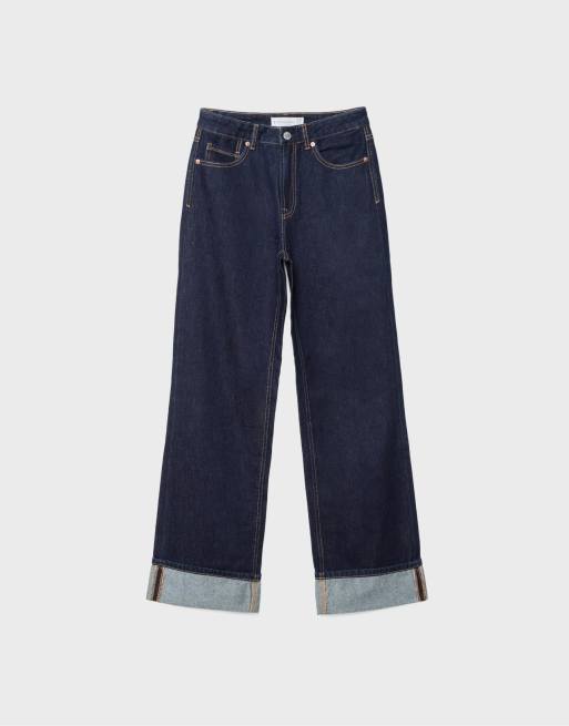 Stradivarius D92 jeans dritti a gamba larga strappati in denim blu scuro, 6 di 7