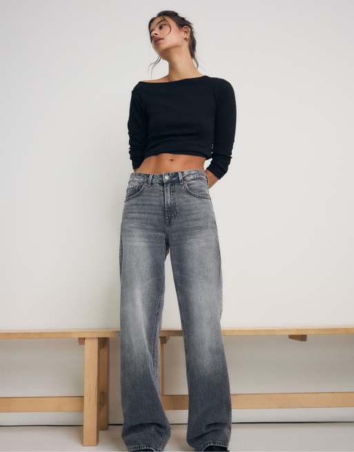 Stradivarius D92 jeans med lige, brede ben i mørkegrå denimvask, 2 af 7