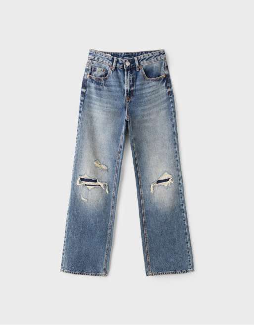 Stradivarius - D92 - Jeans med lige vide ben i overfarvet blå denim, 6 af 7