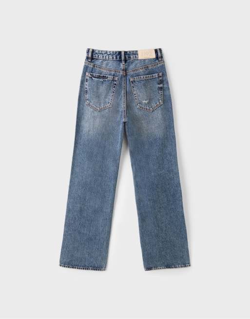Stradivarius - D92 - Jeans med lige vide ben i overfarvet blå denim, 7 af 7