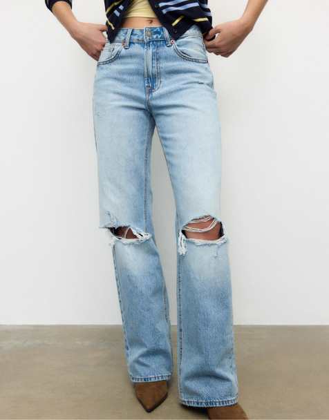 Stradivarius - D92 - Jeans met rechte wijde pijpen in medium blauwe denim - view 1