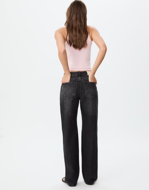 Stradivarius - D92 - Jeans met wijde pijpen in verwassen zwart, 3 van 4