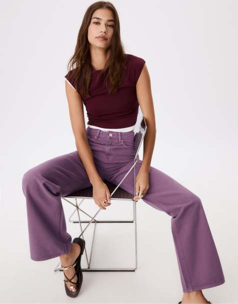 Stradivarius – D92 – Lila, raka jeans med vida ben - view 1