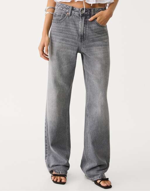 Stradivarius - D92 - Rechte jeans met wijde pijpen in donkergrijs denim met wassing, 2 van 4