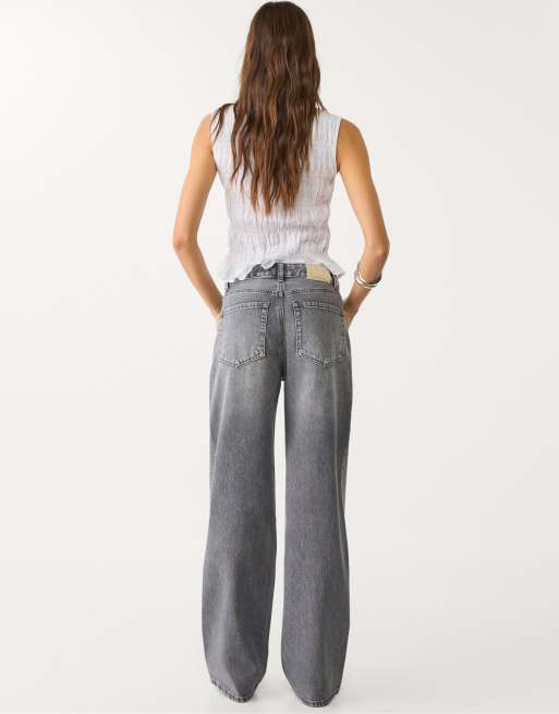 Stradivarius - D92 - Rechte jeans met wijde pijpen in donkergrijs denim met wassing, 3 van 4