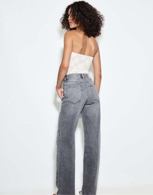 Stradivarius - D92 - Rechte jeans met wijde pijpen in grijs denim met wassing, 4 van 4