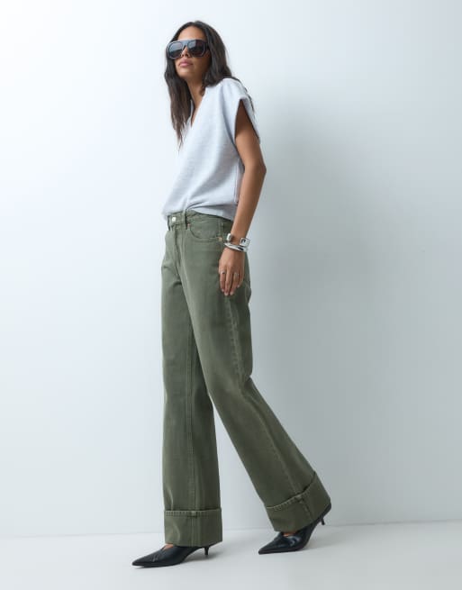 Stradivarius D92 rechte wide jeans in kaki, 4 van 5