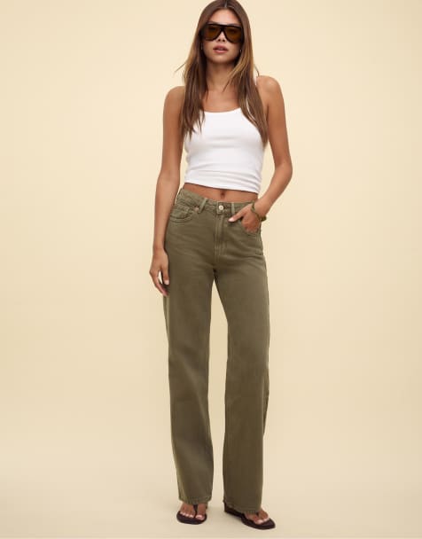 Stradivarius D92 straight wide jeans in khaki