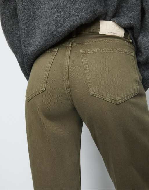 Stradivarius D92 straight wide jeans in khaki, 2 of 4