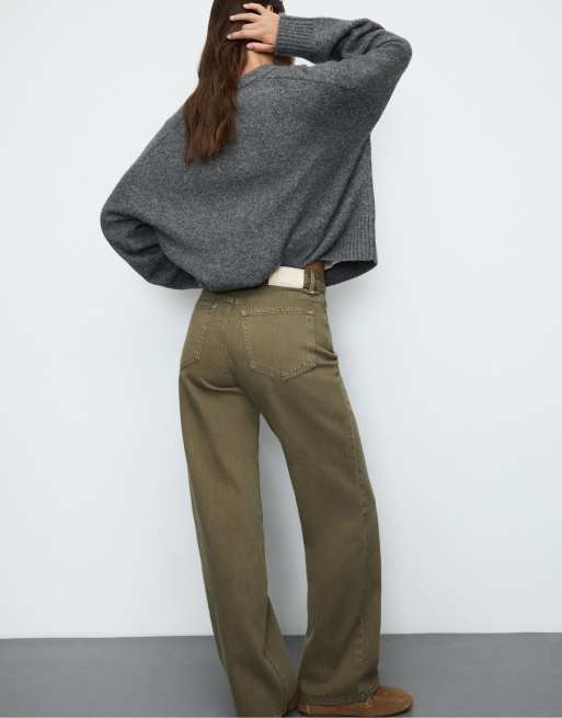 Stradivarius D92 straight wide jeans in khaki, 4 of 4