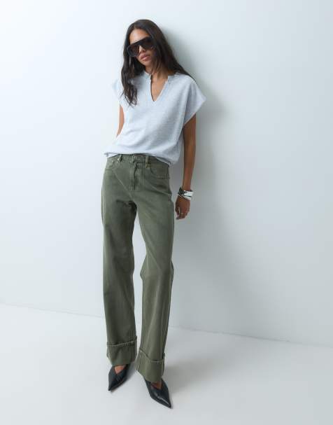 Stradivarius D92 straight wide jeans in khaki - view 1