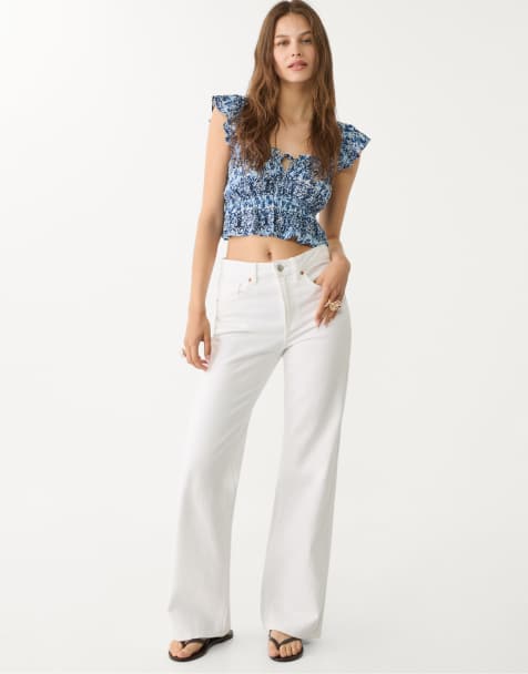 Stradivarius D92 straight wide jeans in white