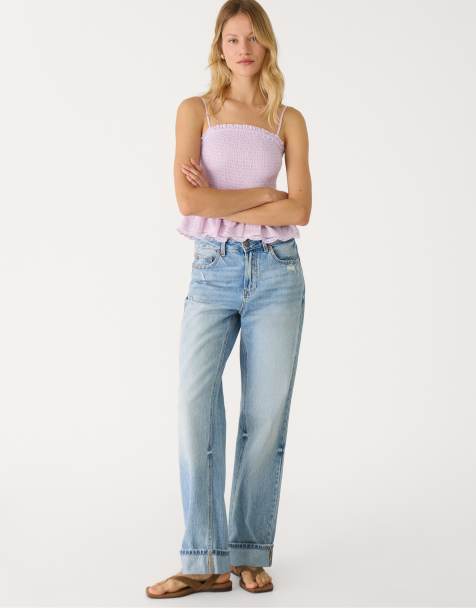 Stradivarius D92 straight wide leg jeans in blue denim