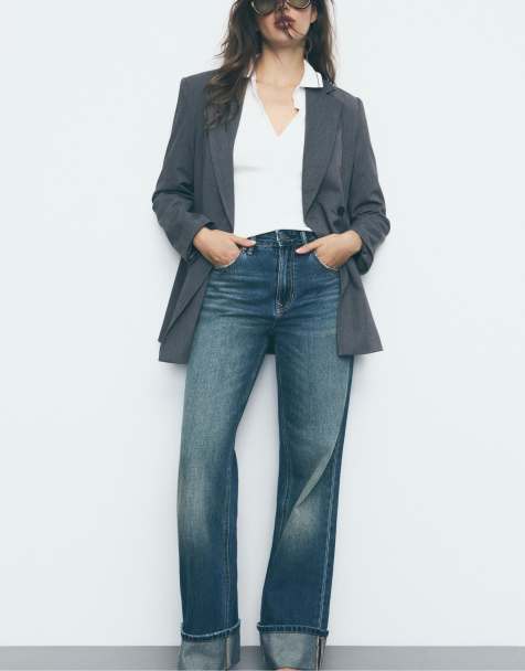 Stradivarius D92 straight wide-leg jeans in light grey denim wash