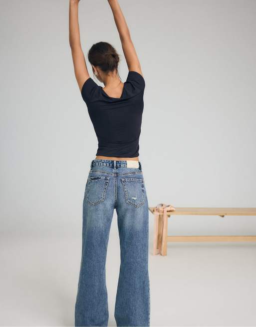 Stradivarius D92 straight wide-leg jeans in overdyed blue denim, 3 of 7