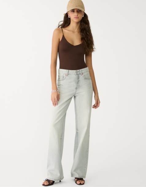 Stradivarius D92 straight wide leg jeans in overdyed blue