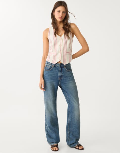 Stradivarius D92 straight wide leg jeans in very dark/rinse wash blue - view 1